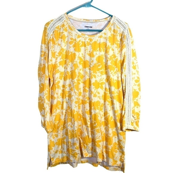 Lands' End Yellow Floral Long Sleeve Crocheted Detail Shirt Top Size Large - Picture 7 of 16